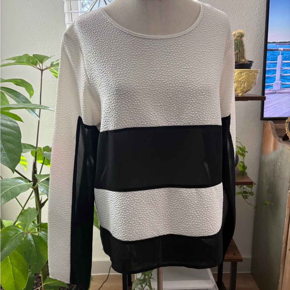 Sugarlips White and Black Textured & Sheer Fabric Long Sleeve Top szM GUC